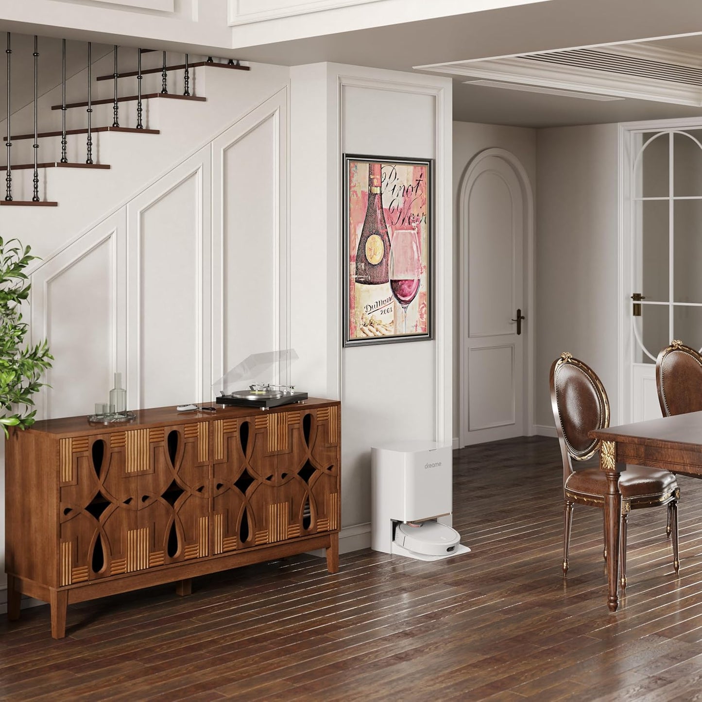 60" Mid Century Modern Sideboard Buffet with Hollow Carved Doors and Outlet Holes,Vintage Accent Cabinet Credenzas Storage Cabinet Walnut