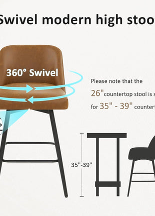 Set of 2 Contemporary Upholstered 360° Swivel Counter Height Bar Stools with High Backs, 26-Inch Seat Height, Faux Leather in Saddle Brown