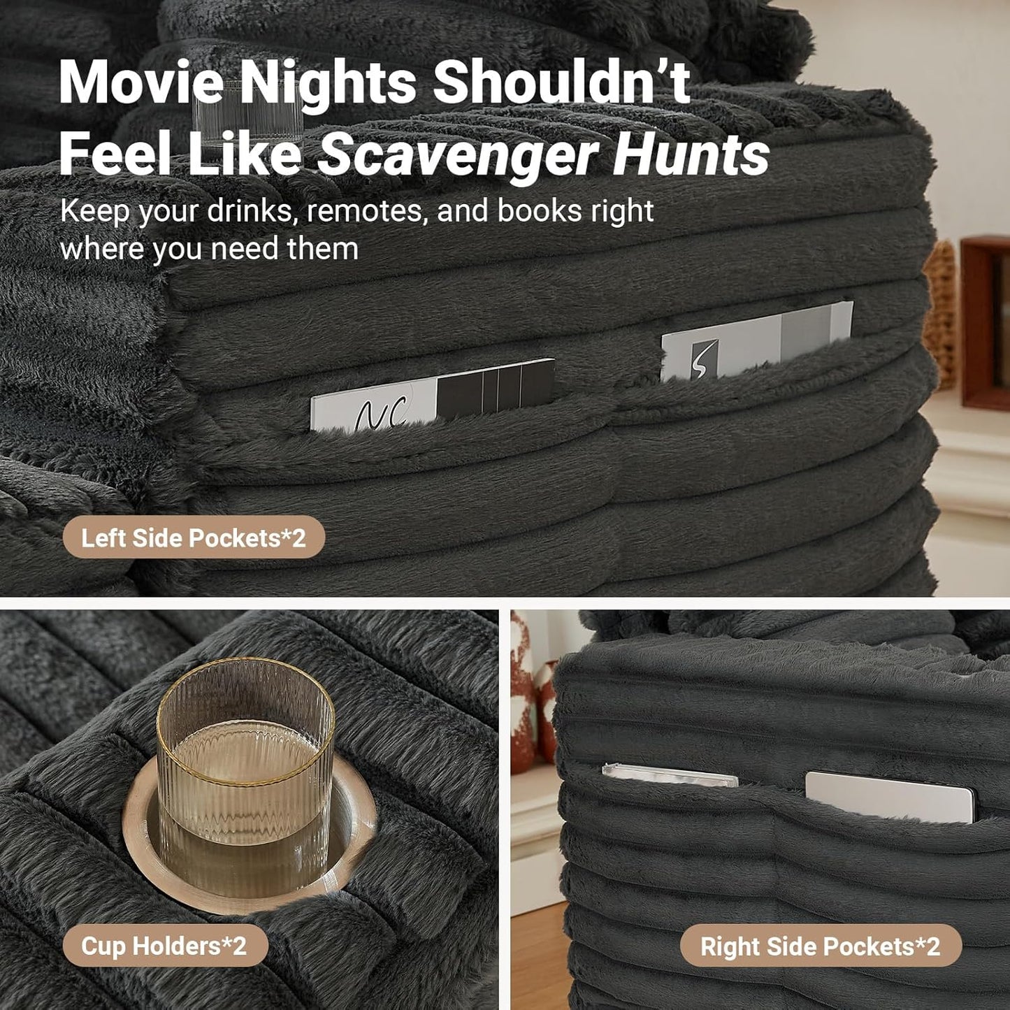 64" Chaise Lounge Chair Indoor, Oversized Sleeper Chair with Wood Frame, Upholstered Sofa Bed for Living Room, Movie Room, Bedroom with 4 Storage Pockets&2 Cup Holders(Plush Corduroy, Grey)