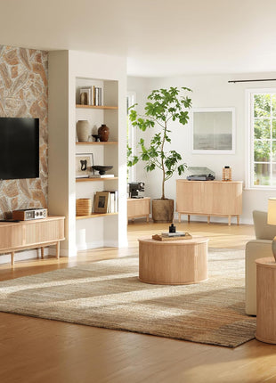 31.5" Round Drum Coffee Table with Sliding Tambour Door, Fluted Accent Design, and Storage in Mid-Century Modern Style, Oak Finish for Living Room