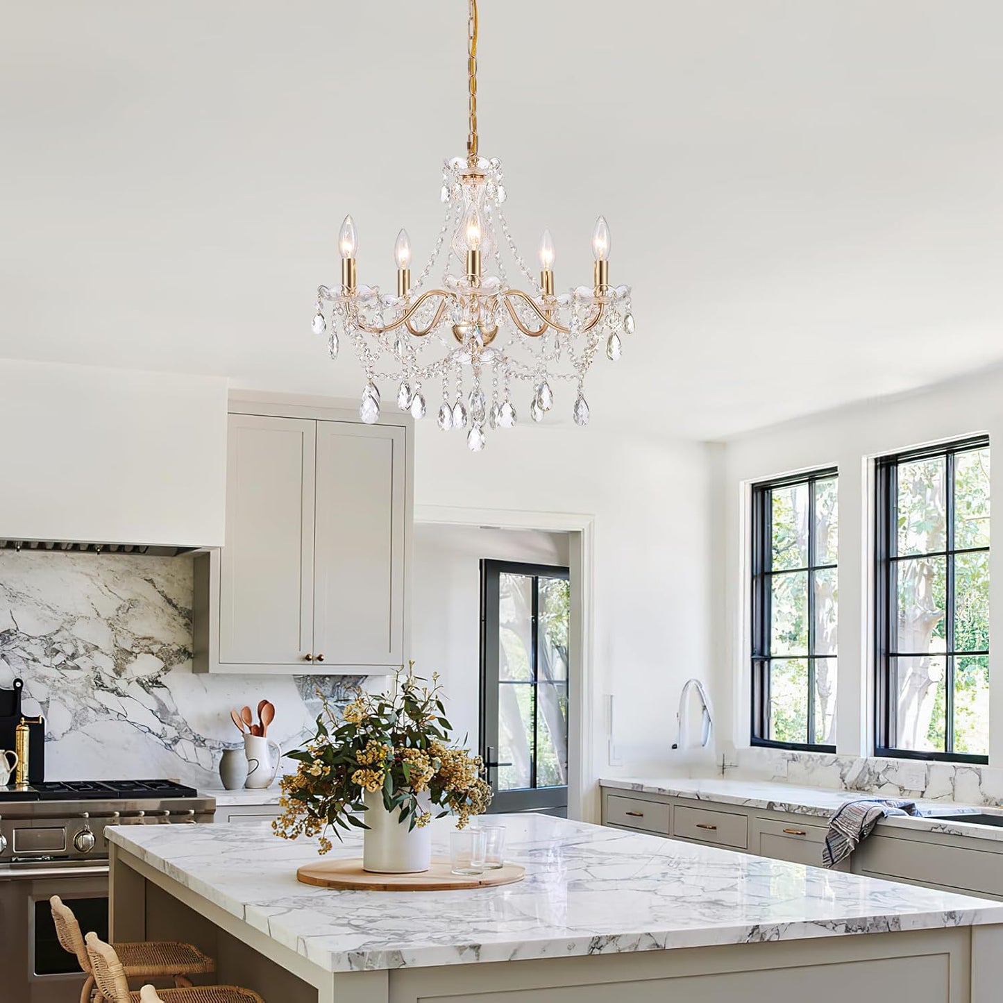 Crystal Gold Chandelier, Glass Crystal Hanging Pendant Lighting, 5 Light French Country Gold Crystals Chandelier for Ceiling Medallions,Wedding,Dining,Kitchen, Foyer,Dia 20'' Golden