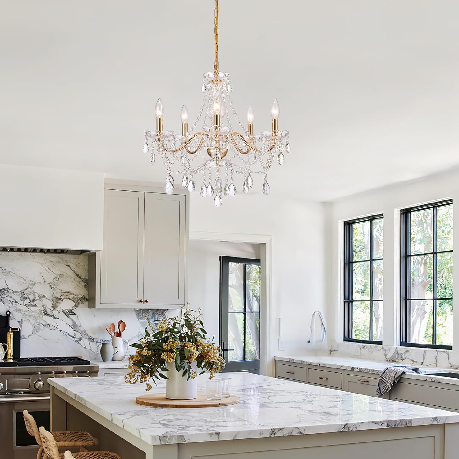 Crystal Gold Chandelier, Glass Crystal Hanging Pendant Lighting, 5 Light French Country Gold Crystals Chandelier for Ceiling Medallions,Wedding,Dining,Kitchen, Foyer,Dia 20'' Golden