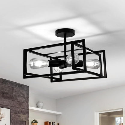 4-Light LED Ceiling Light Industrial Black Farmhouse, Semi Flush Mount Ceiling Light, Lighting for Dining Room Kitchen Hallway Island