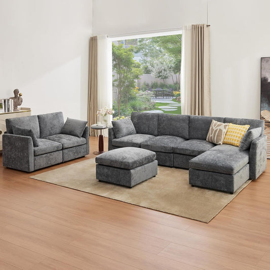 Modular Sectional Couch 8 Seat, Cloud Sofa for Living Room,Chenille Sofa Set with Ottoman, Grey