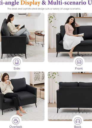 Mid-Century Modern Faux Leather Loveseat Sofa for Compact Spaces with Two Pillows, Perfect for Living Room, Bedroom, Apartment, Office, or Dorm (Black)