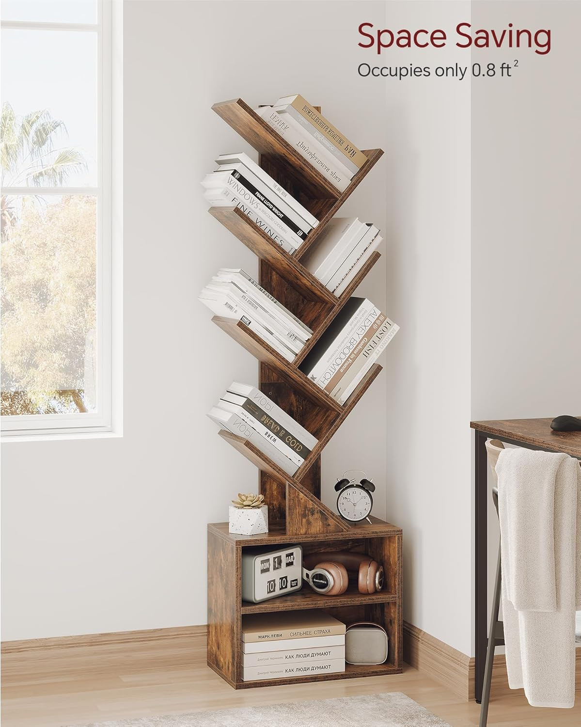 6 Tier Tree Bookshelf, Small Bookcase with Storage Cabinet, Modern Tall Narrow Bookshelves Organizer, Floor Standing Book Shelf for Bedroom/Living Room/Home Office/Corner, Rustic Brown