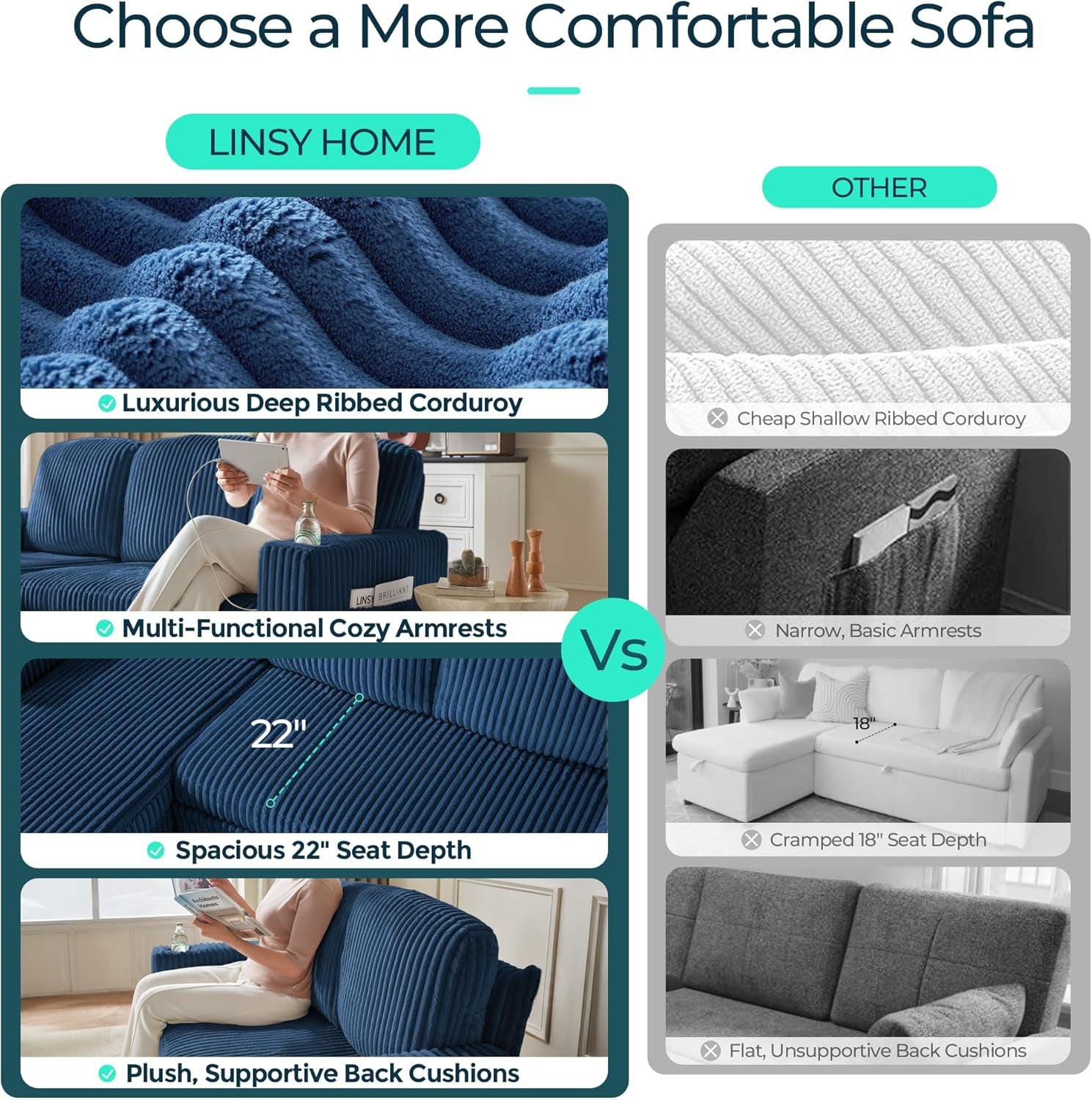 Sectional Sleeper Sofa Pull Out Couches for Living Room (Blue, Sleeper Sofa 1) | Pull Out Sofa Bed, Storage, USB Charging, Cup Holders, Plush Corduroy