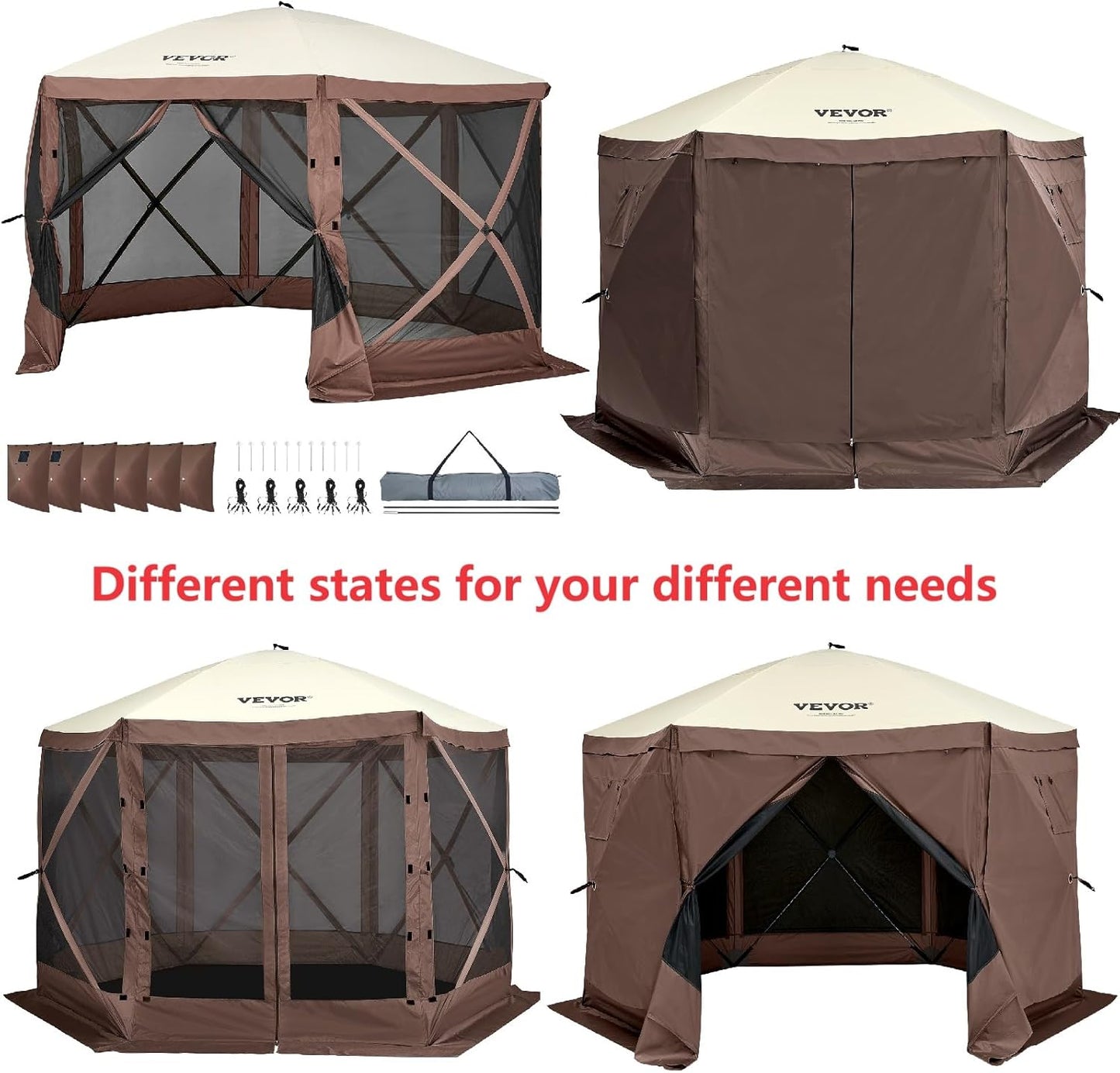 Pop up Gazebo Screen Tent, Pop-Up Instant Gazebo Tents with Mosquito Netting Outdoor Canopy, 6 Sided Sun Shelter 10X10Ft with 6 Removable Wind Cloths & 2 Mesh Windows, Pavilion Tent for Patio