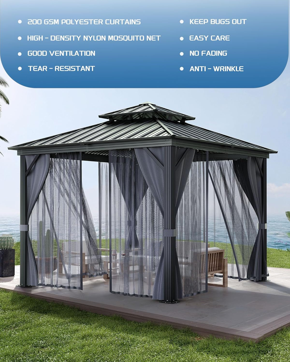 Hardtop Gazebo 8 Ft X8 Ft for All Weather, with Double Metal Roof, Aluminum Alloy Frame, Net, and Curtain, Permanent Building for Patio, Deck, Backyard, Lawn, and Garden