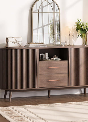 63" Fluted Sideboard Buffet Cabinet in Walnut - Mid-Century Modern Coffee Bar Station with Storage for Dining Room, Wood Accent Storage Cabinet & Credenza with Drawers for Liquor and Wine
