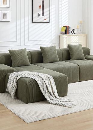 Modern 118" L-Shaped Green Sectional Sofa - Oversized Corduroy Couch for Ultimate Living Room Comfort - No Assembly Required