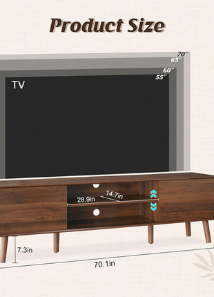 70-Inch Mid-Century Modern TV Stand for TVs up to 80 Inches, Entertainment Center with Storage and Adjustable Shelves in Walnut Finish