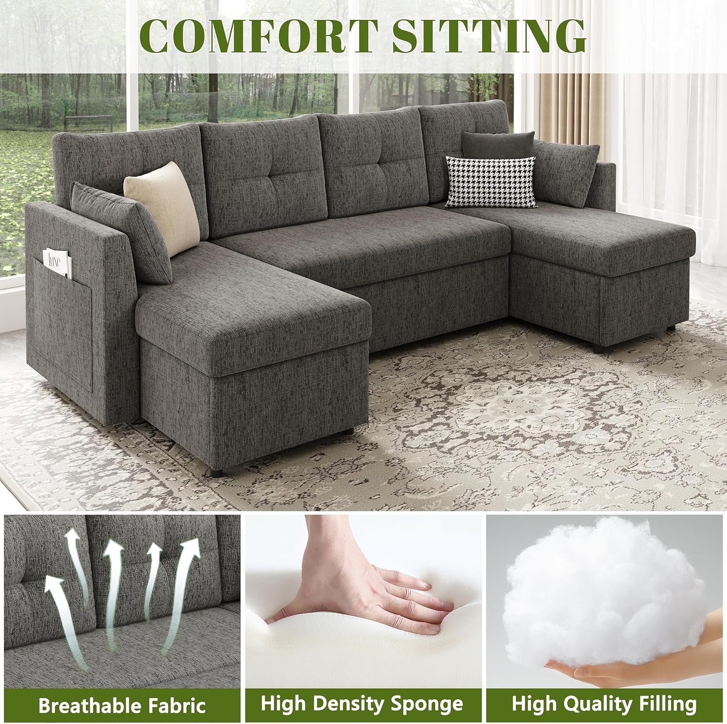 Oversized Sleeper Couch Sofa, 110 Inch 2 in 1 Pull Out Couch with Double Storage Chaise, Sectional Sleeper Sofa Bed with Side Pocket for Living Room, Dark Grey