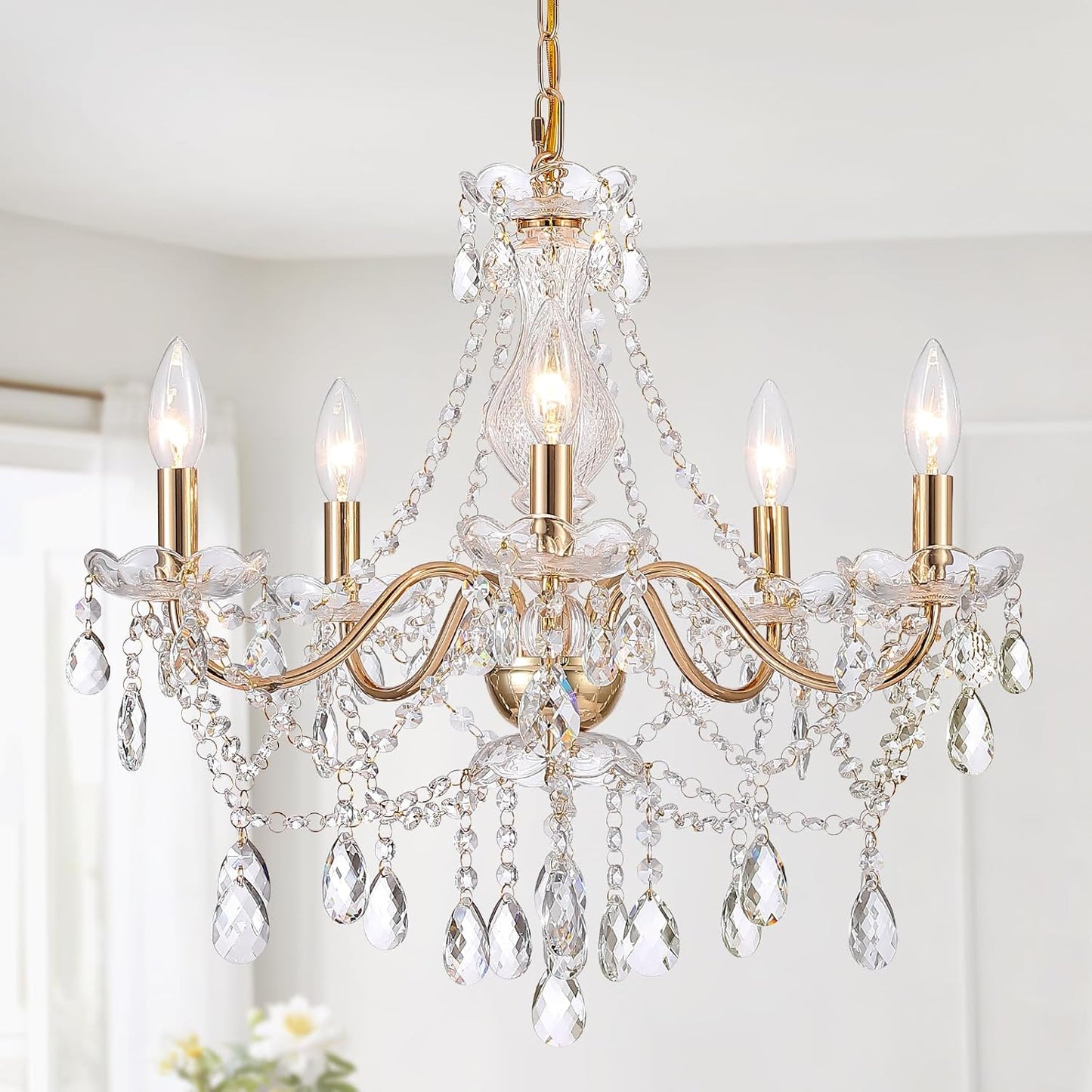 Crystal Gold Chandelier, Glass Crystal Hanging Pendant Lighting, 5 Light French Country Gold Crystals Chandelier for Ceiling Medallions,Wedding,Dining,Kitchen, Foyer,Dia 20'' Golden