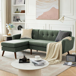 L Shaped Couch Sofa, 80" W Mid-Century Modern Sectional Couches, 3 Seater Sofas with Wide Chaise Lounge, Button Tufted Upholstered Sectional Sofa for Living Room, Bedroom, Green | Linen Fabric, Button Tufted, Solid Wood Foot, Pocket Spring, Wood Slats Frame