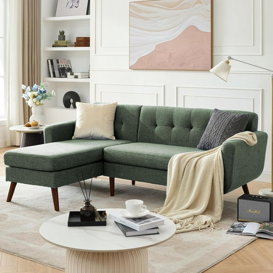 L Shaped Couch Sofa, 80" W Mid-Century Modern Sectional Couches, 3 Seater Sofas with Wide Chaise Lounge, Button Tufted Upholstered Sectional Sofa for Living Room, Bedroom, Green | Linen Fabric, Button Tufted, Solid Wood Foot, Pocket Spring, Wood Slats Frame