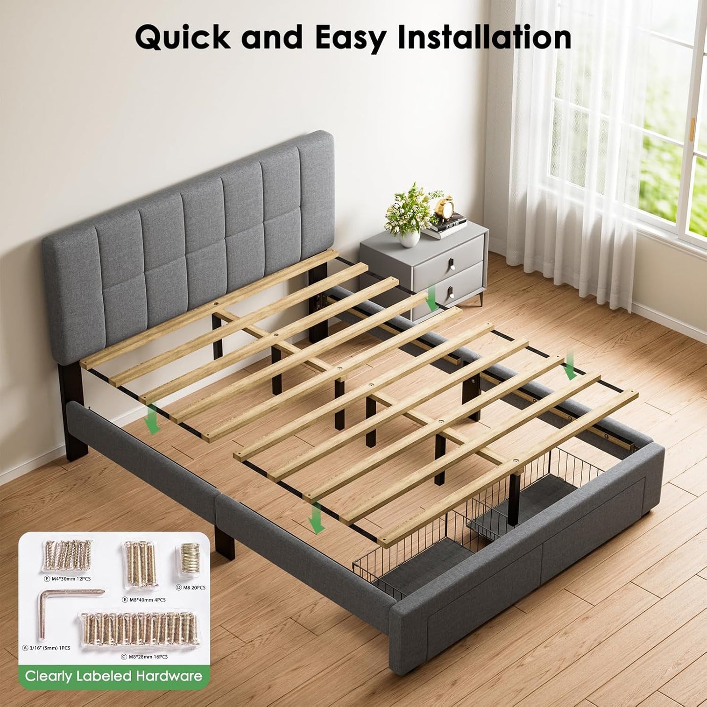 Full Bed Frame with 2 Storage Drawers, Sturdy & Durable with 12 Support Legs, 1300 Lbs Capacity, Solid Wooden Upholstered Adjustable Headboard for 6″–12″ Mattresses, Easy Assembly, Dark Gray