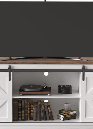 65-Inch Mid-Century Modern TV Stand with Storage Cabinets and Sliding Barn Doors in Bright White