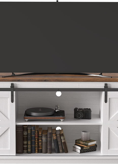 65-Inch Mid-Century Modern TV Stand with Storage Cabinets and Sliding Barn Doors in Bright White