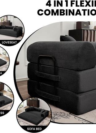 79-Inch 5-in-1 Convertible Sofa Bed - Elegant Black Modular Lounge and Floor Sleeper for Enhanced Comfort