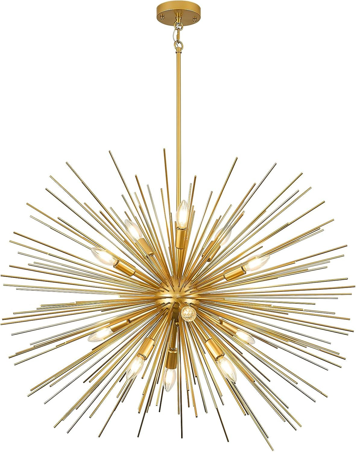 35In Gold Sputnik Chandelier 12-Light Starburst Chandelier Light Fixture Solid Metal Mid-Century Modern Satellite Light Fixture for High Ceiling Living Room Dining Room Foyer, E12