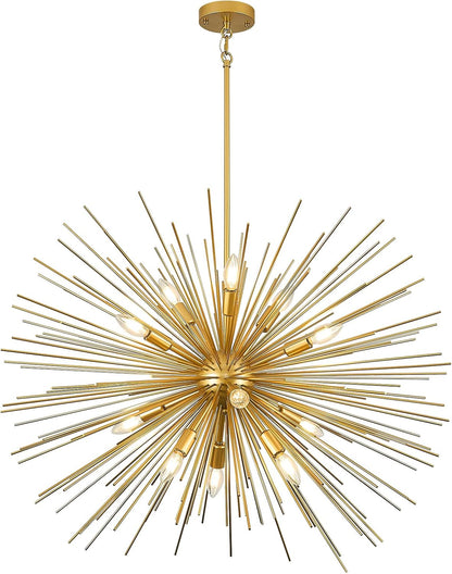35In Gold Sputnik Chandelier 12-Light Starburst Chandelier Light Fixture Solid Metal Mid-Century Modern Satellite Light Fixture for High Ceiling Living Room Dining Room Foyer, E12