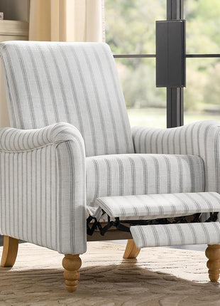 Farmhouse Recliner Armchair with Solid Wood Spindle Legs, Adjustable Backrest and Footrest, Comfortable High Back Single Sofa for Living Room, Blue Striped Design