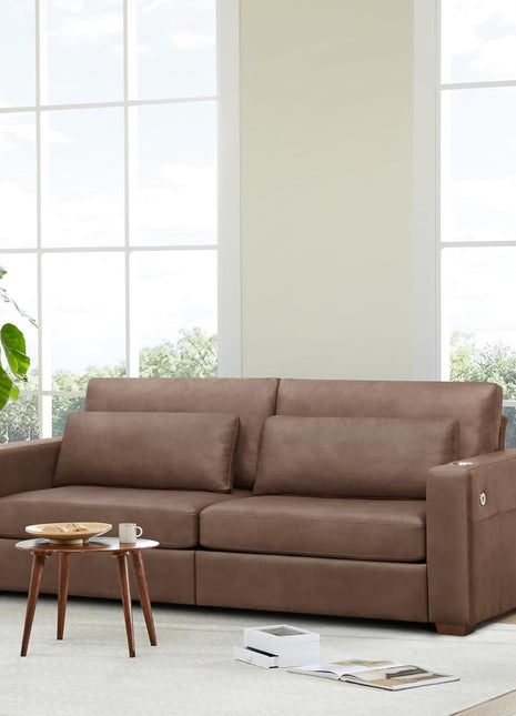 89-Inch Faux Leather Upholstered Sofa Couch for Living Room with Deep Seats, Wide Armrests, Cup Holders, USB & Type-C Ports, Spring Cushion, and Solid Wood Frame in Brown - 3 Seater Comfort