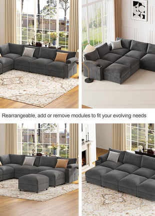 FSC Certified Velvet Oversized Grey U-Shaped Modular Sectional Sofa with Detachable Chaise and Armrest Cushions - Seats 6