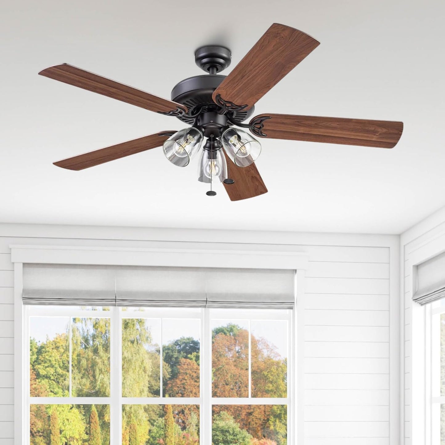 Saybrook, 52 Inch Indoor Farmhouse LED Ceiling Fan with Light, Pull Chain, Three Mounting Options, Dual Finish Blades, Reversible Motor - 51593-01 (Bronze)