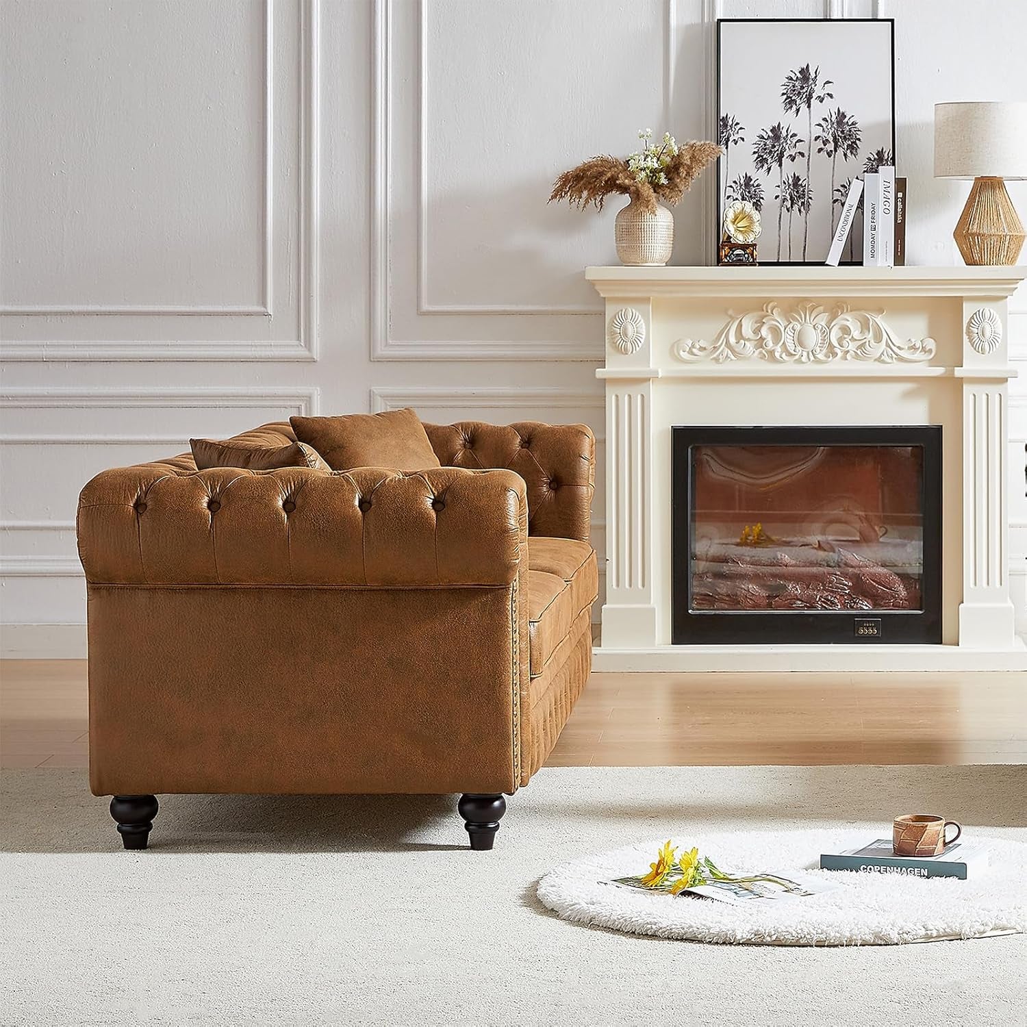 Modern Chesterfield Sofa Couch, 63.5-Inch Faux Leather Loveseat Sofa with Rolled Armrests and Tufted Button for Living Room, Office, Brown