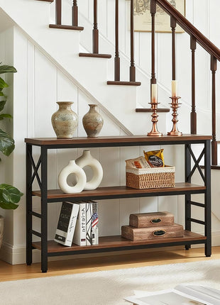 Industrial Console Table with Storage - 47-Inch Rustic 3-Tier Sofa Table for Living Room and Hallway, Engineered Wood and Metal, Brown Finish