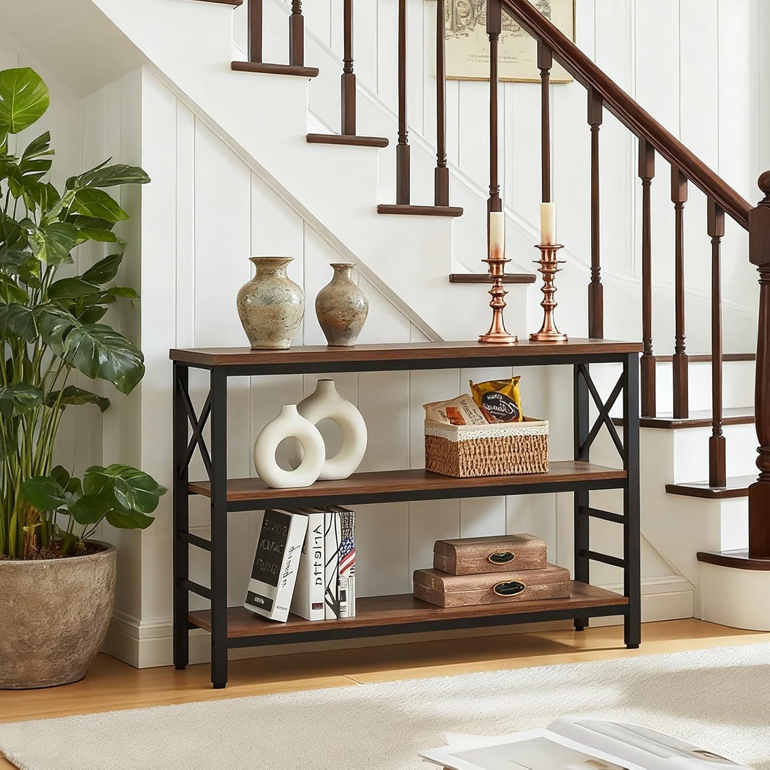 Sofa Table,Industrial Console Table with Storage,Entryway Table with Engineered Wood and Metal,Rustic 3 Tier Shelf for Living Room,Hallway,Brown,47 Inch