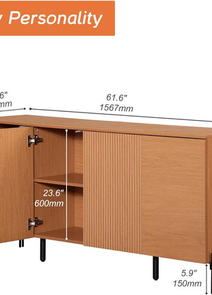 61.6-Inch Fluted TV Stand for TVs up to 70 Inches, Contemporary Entertainment Center Console with Four Doors and Metal Base, Mocha Finish for Living Room and Bedroom