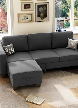 78-Inch Dark Grey Convertible L-Shaped Sectional Sofa with Storage Ottoman in Pet-Friendly Linen Fabric, Perfect for Small Spaces and Apartments