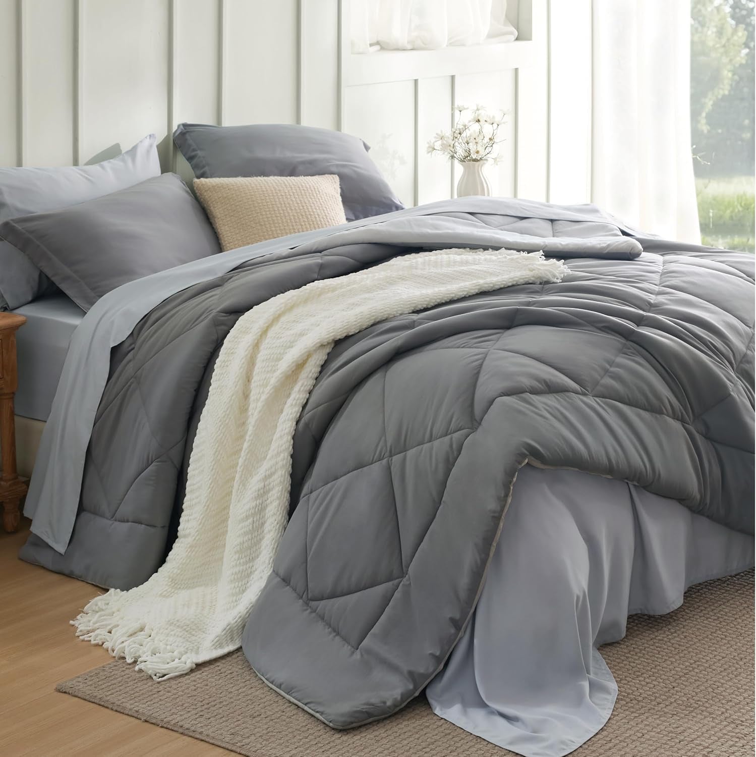 Queen Comforter Set - 7 Pieces Reversible Grey Bedding, Gentlesoft™ Queen Size Bed Set Gift for Family, Bed in a Bag with Warm down Alternative Comforter, Sheets, Pillowcases & Shams