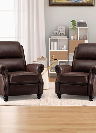 Pushback Recliner Chair in Faux Leather with Rivet Accents - Reddish Brown Single Sofa Accent Chair for Living Room