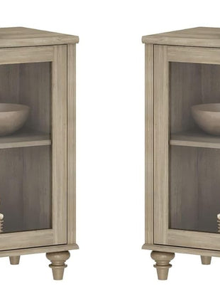 Farmhouse End Table Set of Two - Spacious Mid-Century Modern Wooden Bedside Tables with Glass Doors, Perfect for Living Room and Bedroom, Wash Grey Finish