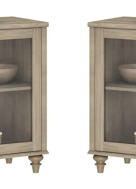 Farmhouse End Table Set of Two - Spacious Mid-Century Modern Wooden Bedside Tables with Glass Doors, Perfect for Living Room and Bedroom, Wash Grey Finish