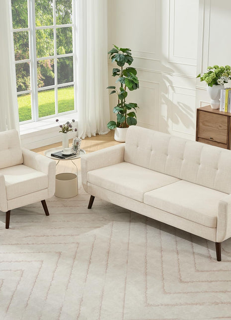Mid-Century Modern Beige Sofa Set with Accent Chair - Linen Fabric, Button-Tufted, Solid Wood Legs, Pocket Spring Support, and Wood Slats Frame
