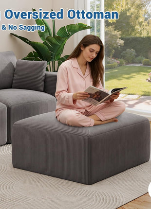 40-Inch Oversized Square Corduroy Ottoman Pouf - Foam-Filled Plush Footrest for Living Room and Bedroom, Grey (Single)
