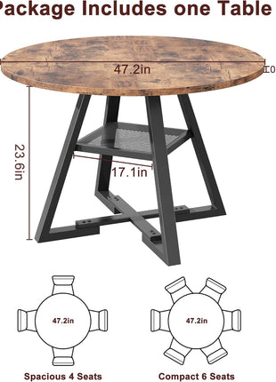 47-Inch Vintage Round Dining Table for Four with Space-Saving Pedestal Design for Kitchen and Dining Room