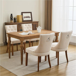 Upholstered Tufted Dining Chairs Set of 4, Fabric Side Dining Room Chairs with Nailhead Back Ring Pull Trim Solid Wood Legs, Beige