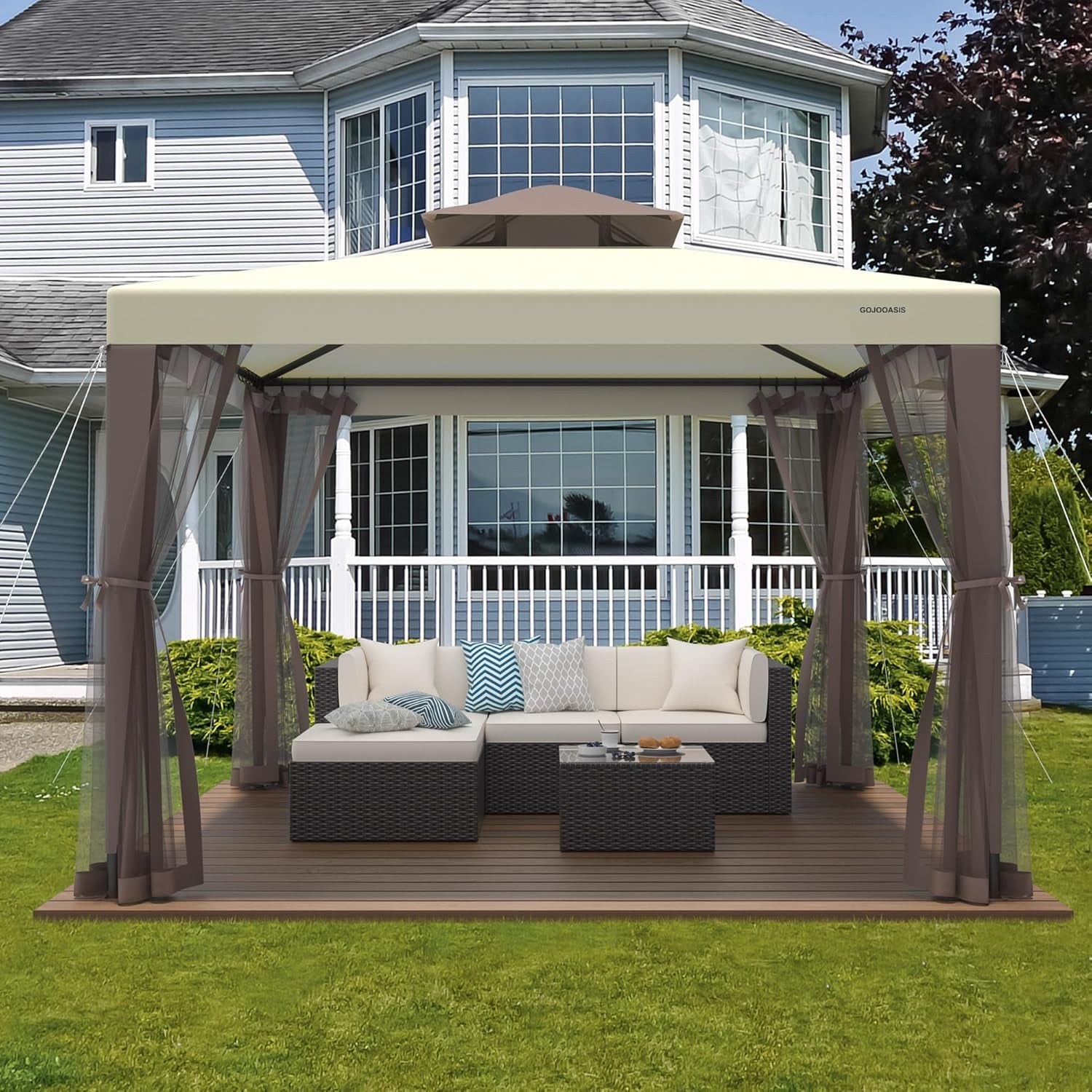 Patio Gazebo Tent Outdoor Canopy Shelter 10'X10' with Removable Netting,100 Square Feet of Shade for Garden, Backyard Deck and Lawns (Beige)
