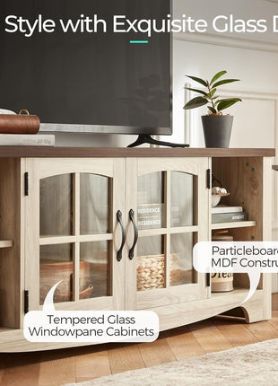Farmhouse-Style TV Stand for 65-Inch Televisions, Wooden Entertainment Center with Glass Door Storage and Adjustable Shelves, Sturdy TV Console for Living Room and Bedroom