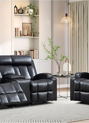 Premium PU Leather Manual Recliner Chair for Adults with Cup Holders and Padded Backrest, Overstuffed Heavy Duty Reclining Sofa for Living Room and Bedroom, Black