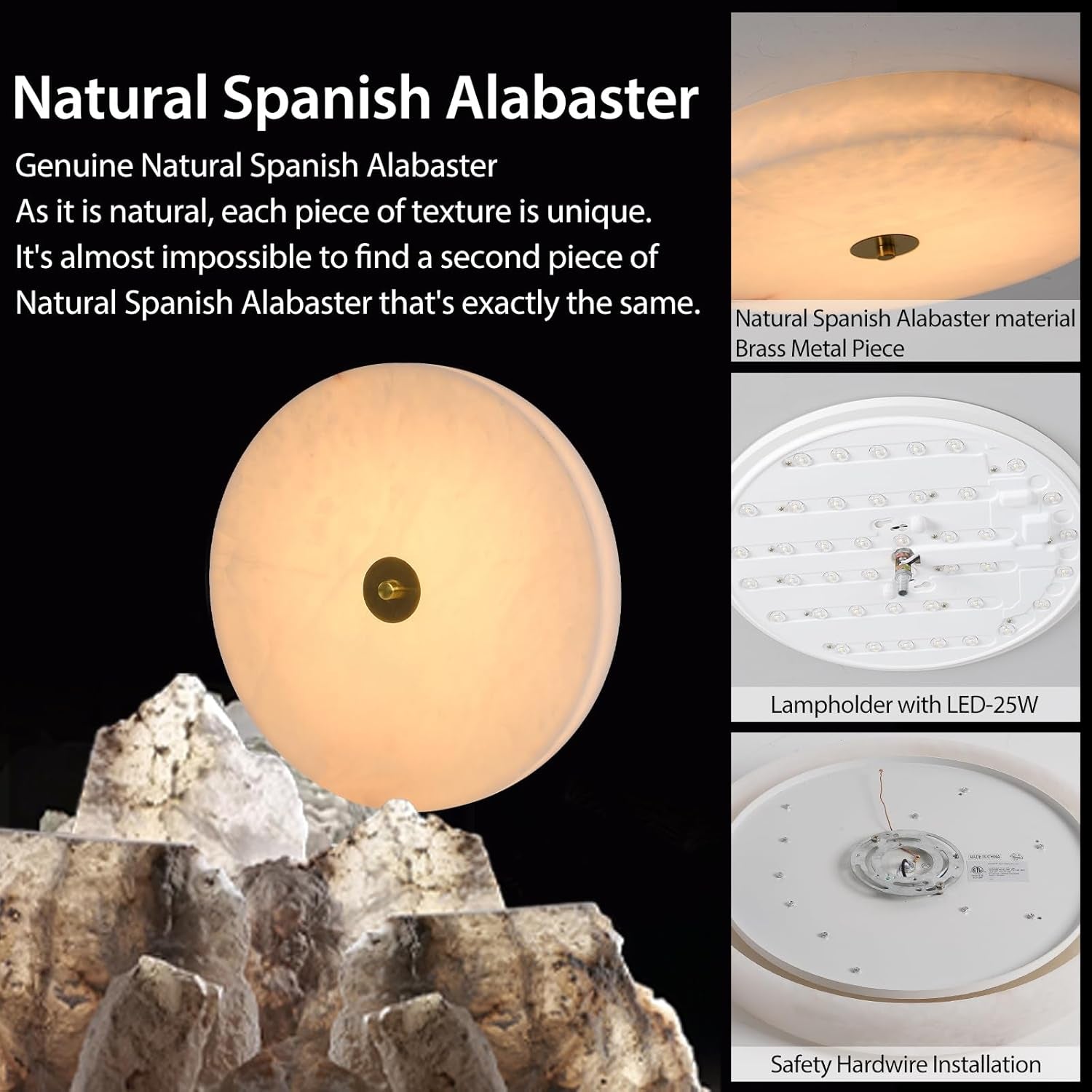 Alabaster Ceiling Light,15.7In Spanish Natural Marble round Alabaster Flush Mount,Modern 2700K LED Kitchen Ceiling Lights Hardwired for Bedroom,Foyer,Bathroom,Entryway,Living Room