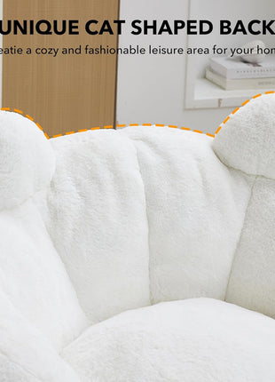 Large Cat-Shaped Bean Bag Chair - Faux Fur Upholstered Sofa for Adults with Padded Design and Cat Tail Accent, Soft Living Room Chair (White)