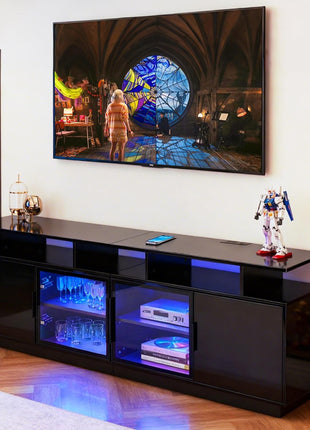 70-Inch Contemporary Black TV Stand with LED Entertainment Center and Glass Door Storage for Living Room and Gaming Spaces