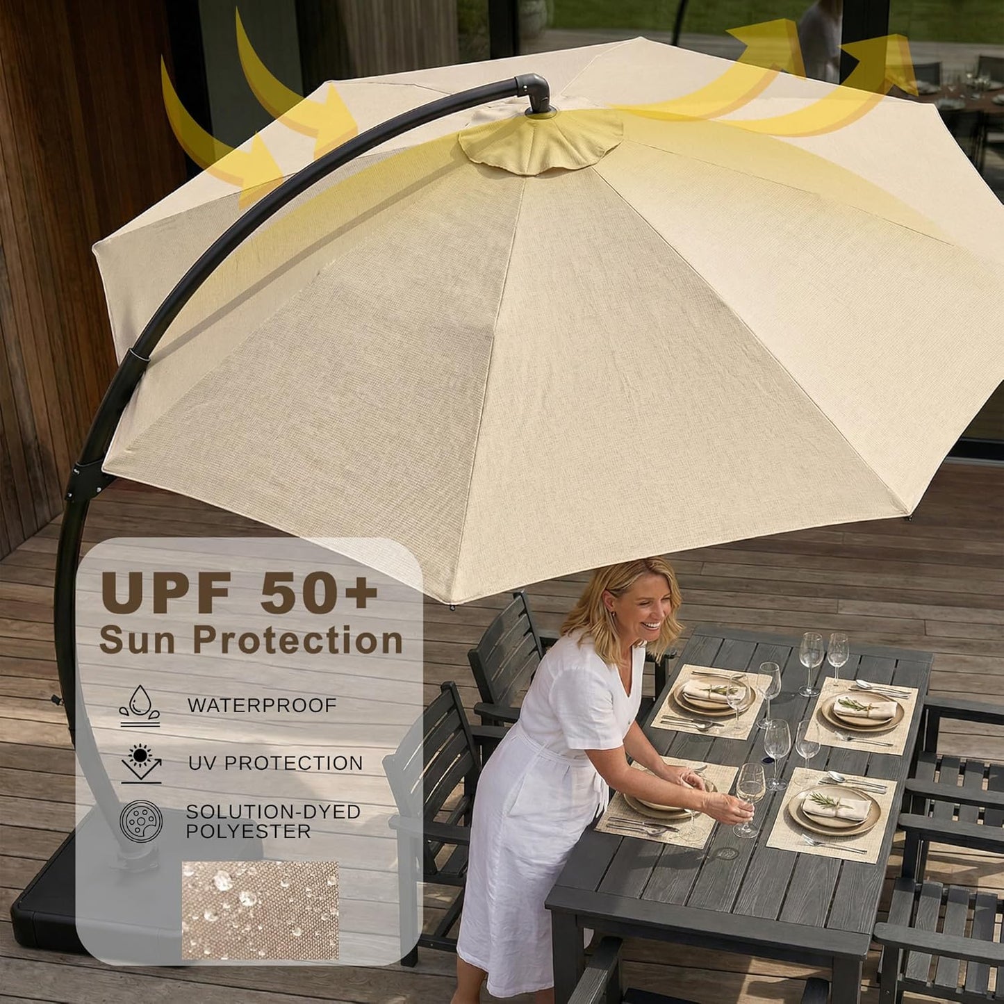11Ft Offset Cantilever Patio Umbrella with Base Included, Large round Aluminum Outdoor Umbrella, 360° Rotation & Infinite Tilt, Heavy Duty Frame for Deck Pool Backyard, Beige